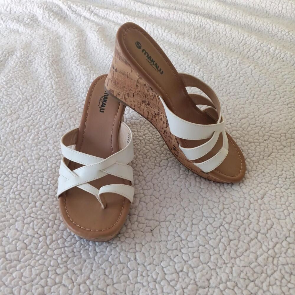 Makalu California Ailani white strappy cork wedge slide sandals 8.5